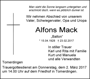 Traueranzeige von Alfons Mack von Südwest Presse