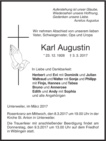 Traueranzeige von Karl Augustin von Südwest Presse