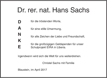 Traueranzeige von Hans Sachs von Südwest Presse