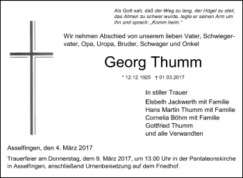 Traueranzeige von Georg Thumm von Südwest Presse