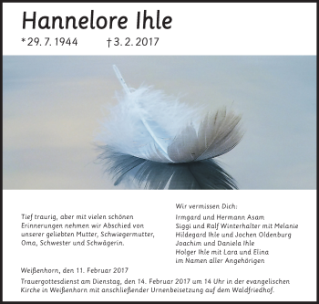 Traueranzeige von Hannelore Ihle von Südwest Presse