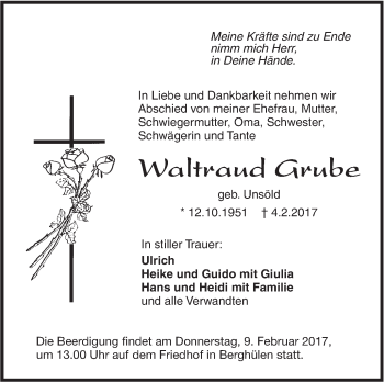 Traueranzeige von Waltraud Grube von Südwest Presse