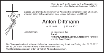 Traueranzeige von Anton Dittmann von Illertal Bote