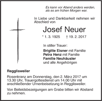 Traueranzeige von Josef Neuer von Illertal Bote