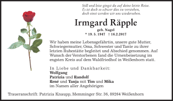 Traueranzeige von Irmgard Räpple von Südwest Presse