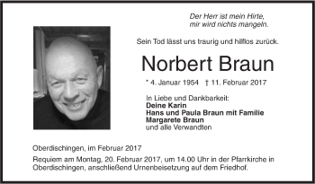 Traueranzeige von Norbert Braun von Ehinger Tagblatt