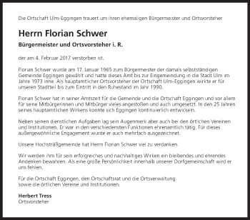 Traueranzeige von Florian Schwer von Südwest Presse