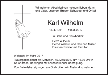 Traueranzeige von Karl Wilhelm von Südwest Presse