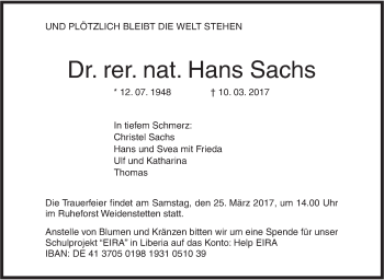 Traueranzeige von Hans Sachs von Südwest Presse