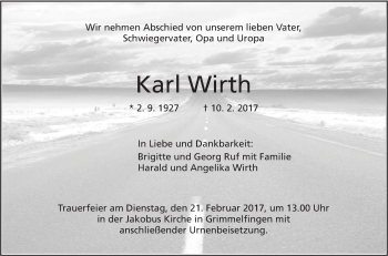 Traueranzeige von Karl Wirth von Südwest Presse