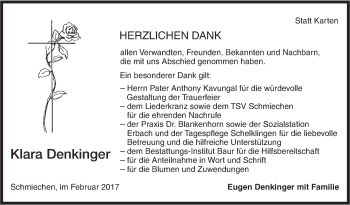 Traueranzeige von Klara Denkinger von Ehinger Tagblatt