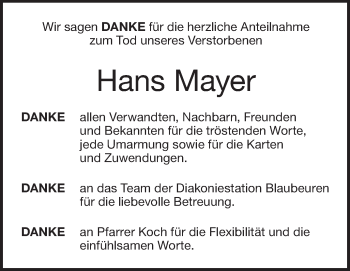 Traueranzeige von Hans Mayer von Südwest Presse