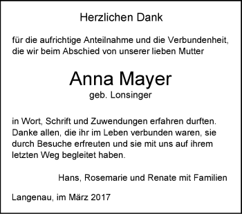 Traueranzeige von Anna Mayer von Südwest Presse