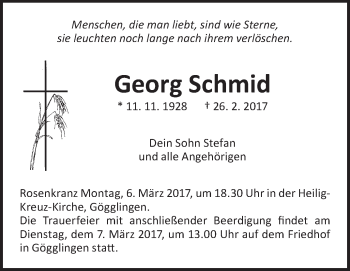 Traueranzeige von Georg Schmid von Südwest Presse