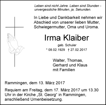 Traueranzeige von Irma Klaiber von Südwest Presse