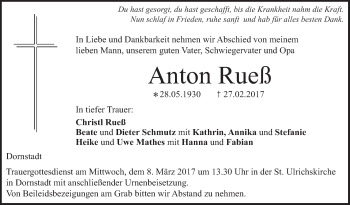 Traueranzeige von Anton Rueß von Südwest Presse