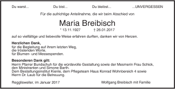 Traueranzeige von Maria Breibisch von Illertal Bote