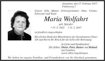 Traueranzeige von Maria Wolfahrt von Südwest Presse