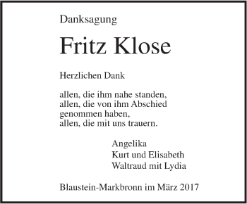 Traueranzeige von Fritz Klose von Südwest Presse