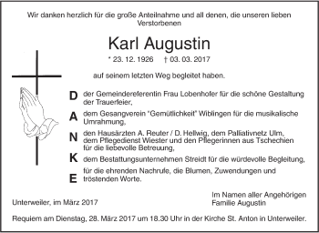 Traueranzeige von Karl Augustin von Südwest Presse