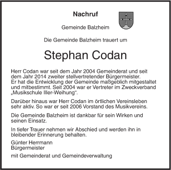 Traueranzeige von Stephan Codan von Südwest Presse