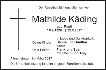 Traueranzeige von Mathilde Käding von Ehinger Tagblatt