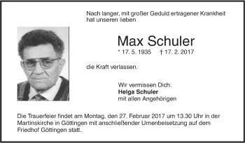 Traueranzeige von Max Schuler von Südwest Presse