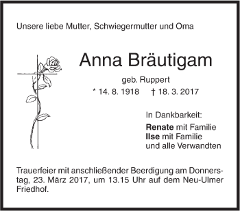 Traueranzeige von Anna Bräutigam von Südwest Presse