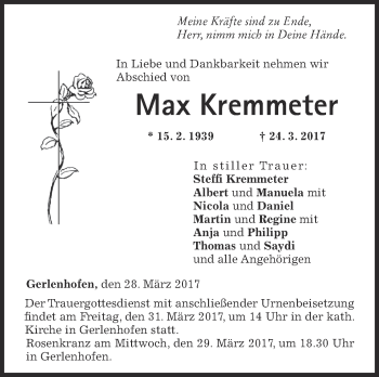 Traueranzeige von Max Kremmeter von Südwest Presse