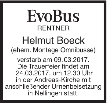 Traueranzeige von Helmut Boeck von Südwest Presse