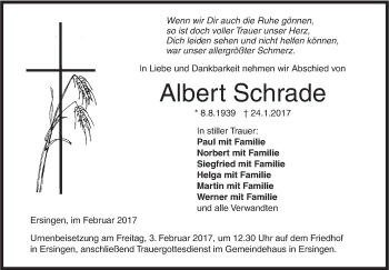 Traueranzeige von Albert Schrade von Ehinger Tagblatt