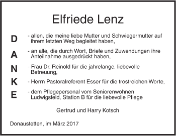 Traueranzeige von Elfriede Lenz von Südwest Presse