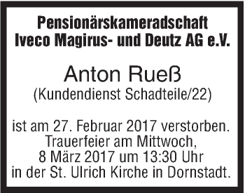 Traueranzeige von Anton Rueß von Südwest Presse