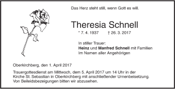 Traueranzeige von Theresia Schnell von Südwest Presse