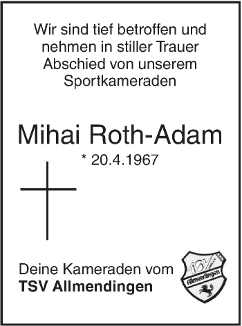 Traueranzeige von Mihai Roth-Adam von Ehinger Tagblatt