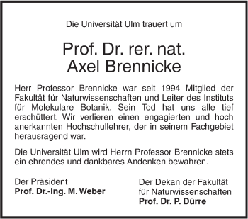 Traueranzeige von Axel Brennicke von Südwest Presse