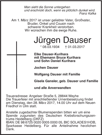 Traueranzeige von Jürgen Dauser von Südwest Presse