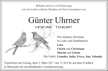 Traueranzeige von Günter Uhrner von Südwest Presse