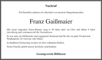 Traueranzeige von Franz Gaißmaier von Ehinger Tagblatt