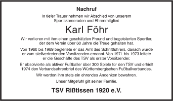 Traueranzeige von Karl Föhr von Ehinger Tagblatt