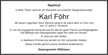 Traueranzeige von Karl Föhr von Ehinger Tagblatt