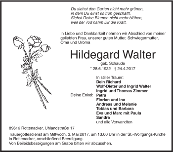 Traueranzeige von Hildegard Walter von Ehinger Tagblatt