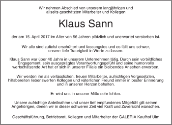 Traueranzeige von Klaus Sann von Südwest Presse