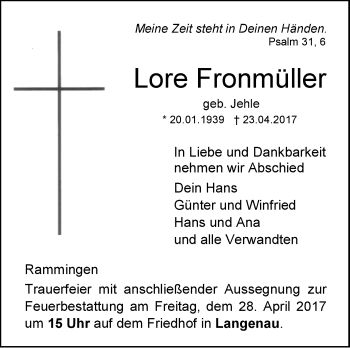 Traueranzeige von Lore Fronmüller von Südwest Presse