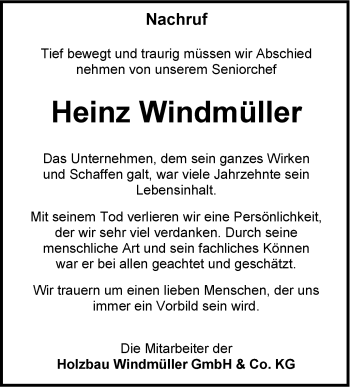 Traueranzeige von Heinz Windmüller von Südwest Presse