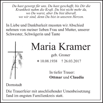 Traueranzeige von Maria Kramer von Südwest Presse