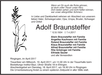 Traueranzeige von Adolf Braunsteffer von Ehinger Tagblatt