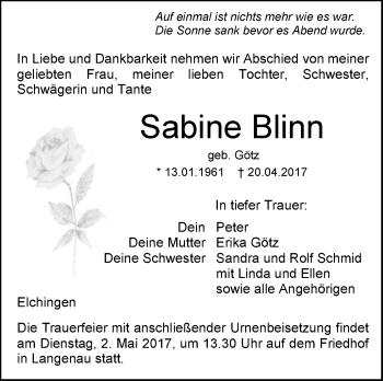 Traueranzeige von Sabine Blinn von Südwest Presse