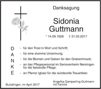 Traueranzeige von Sidonia Guttmann von Südwest Presse