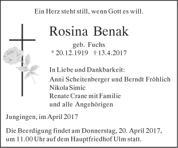 Traueranzeige von Rosina Benak von Südwest Presse